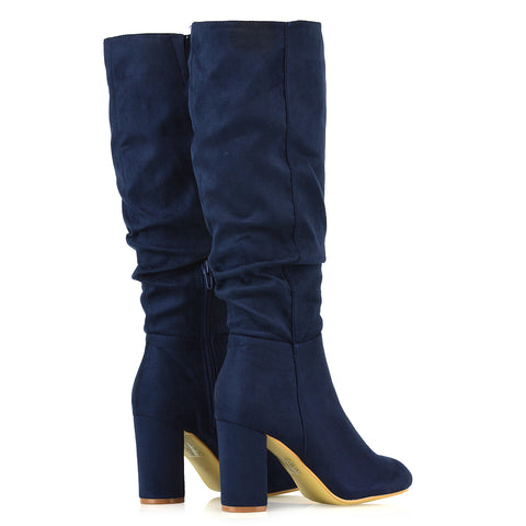 Alana Ruched Zip-up Winter Block Below the Knee High Heeled Long Boots in Navy Faux Suede