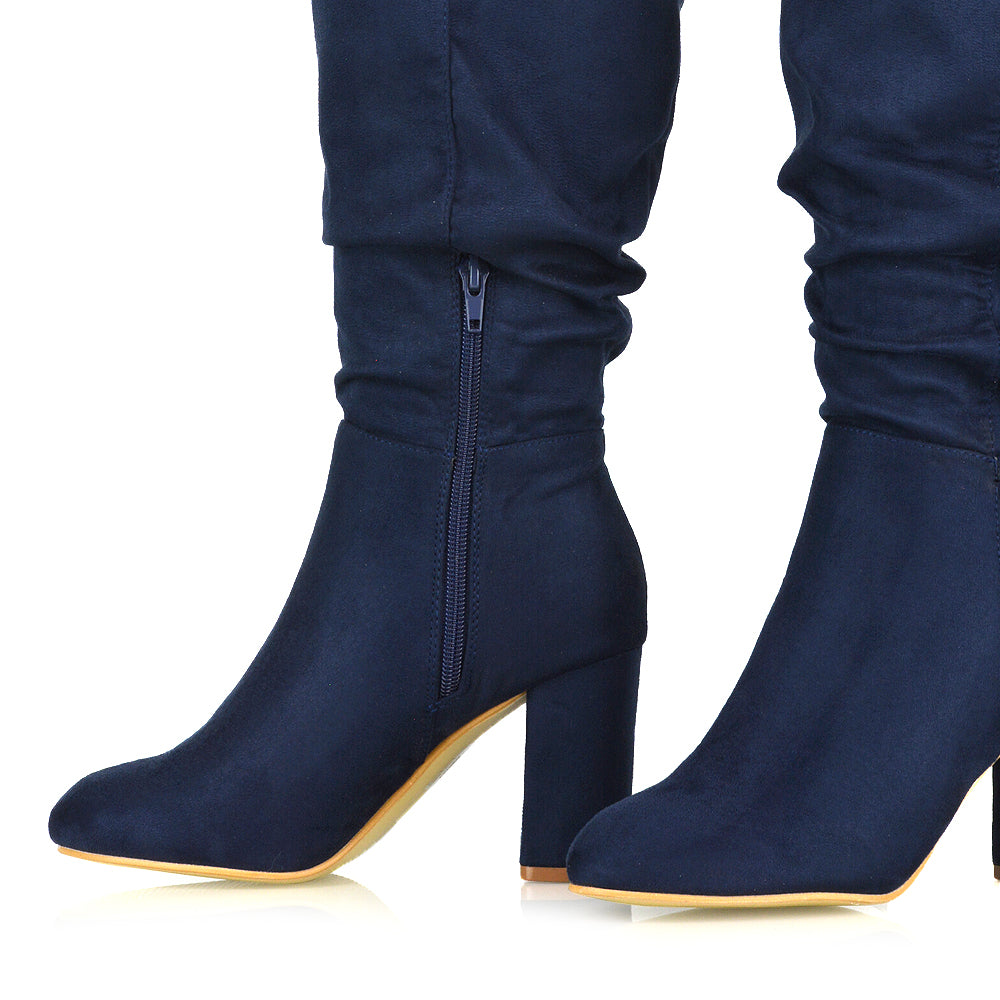 Alana Ruched Zip-up Winter Block Below the Knee High Heeled Long Boots in Navy Faux Suede