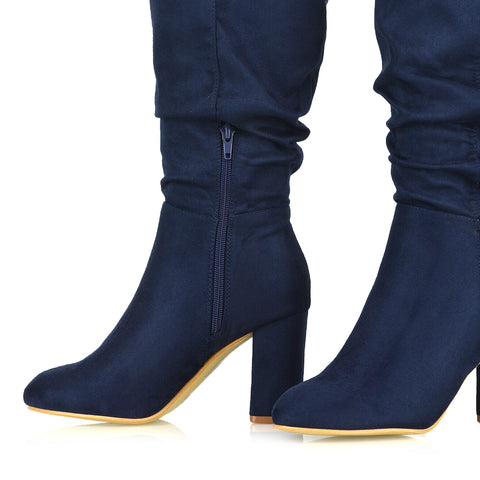 Alana Ruched Zip-up Winter Block Below the Knee High Heeled Long Boots in Black PU