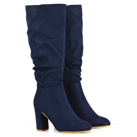 Alana Ruched Zip-up Winter Block Below the Knee High Heeled Long Boots in Black Faux Suede