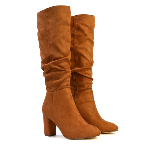 Alana Ruched Zip-up Winter Block Below the Knee High Heeled Long Boots in Tan