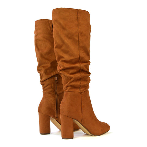 Demo Alana Ruched Zip-up Winter Block Below the Knee High Heeled Long Boots in Green Faux Suede