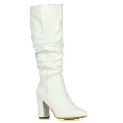 Alana Ruched Zip-up Winter Block Below the Knee High Heeled Long Boots in White