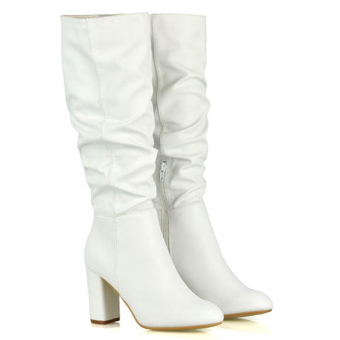 Alana Ruched Zip-up Winter Block Below the Knee High Heeled Long Boots in White