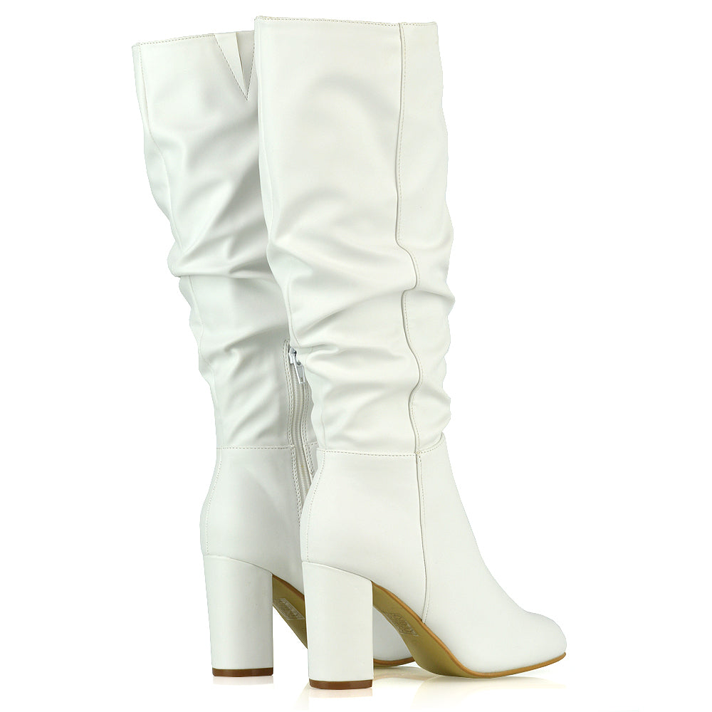 Alana Ruched Zip-up Winter Block Below the Knee High Heeled Long Boots in White