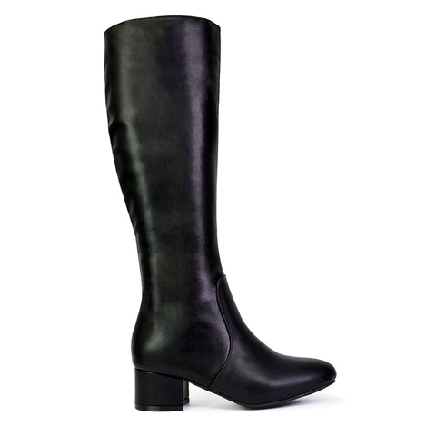 Valeria Long Western Zip Up Knee High Boots With Mid Block High Heel In Black