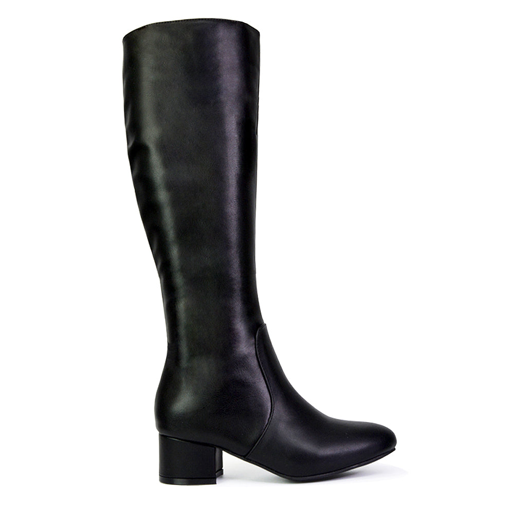 Valeria Long Western Zip Up Knee High Boots With Mid Block High Heel In Chalk