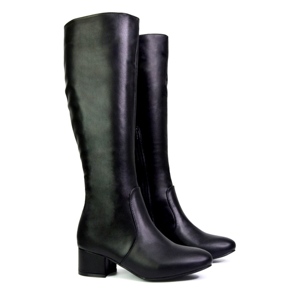 Valeria Long Western Zip Up Knee High Boots With Mid Block High Heel In Chalk