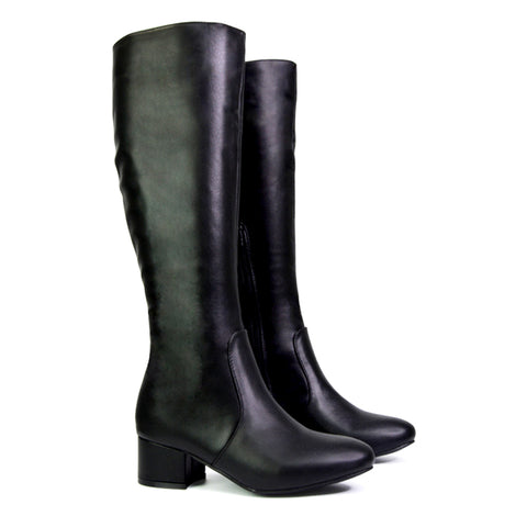 Valeria Long Western Zip Up Knee High Boots With Mid Block High Heel In Black