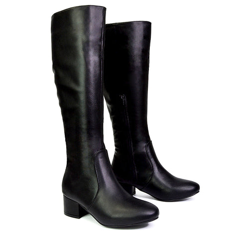 Valeria Long Western Zip Up Knee High Boots With Mid Block High Heel In Chalk