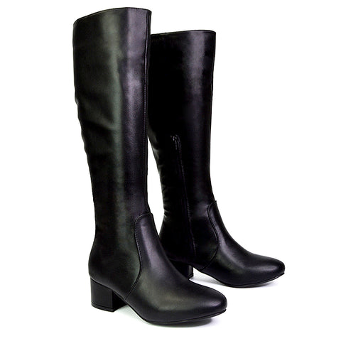 Valeria Long Western Zip Up Knee High Boots With Mid Block High Heel In Black