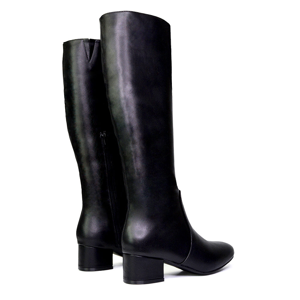 Valeria Long Western Zip Up Knee High Boots With Mid Block High Heel In Black