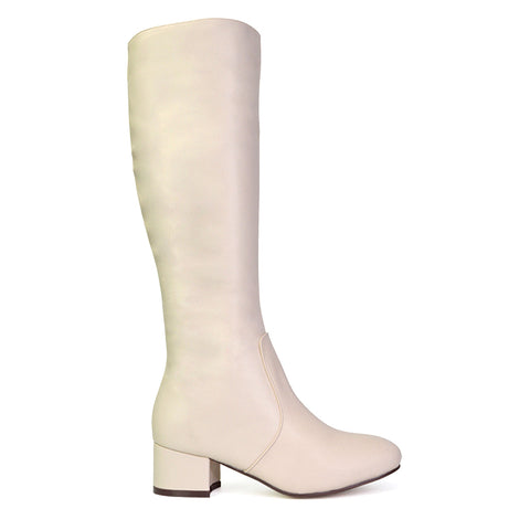 Valeria Long Western Zip Up Knee High Boots With Mid Block High Heel In Chalk