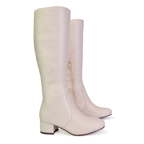 Valeria Long Western Zip Up Knee High Boots With Mid Block High Heel In Chalk