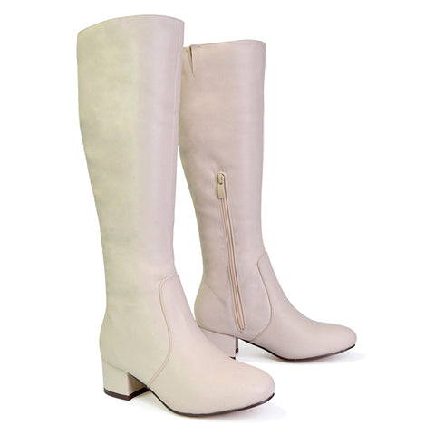 Valeria Long Western Zip Up Knee High Boots With Mid Block High Heel In Tan