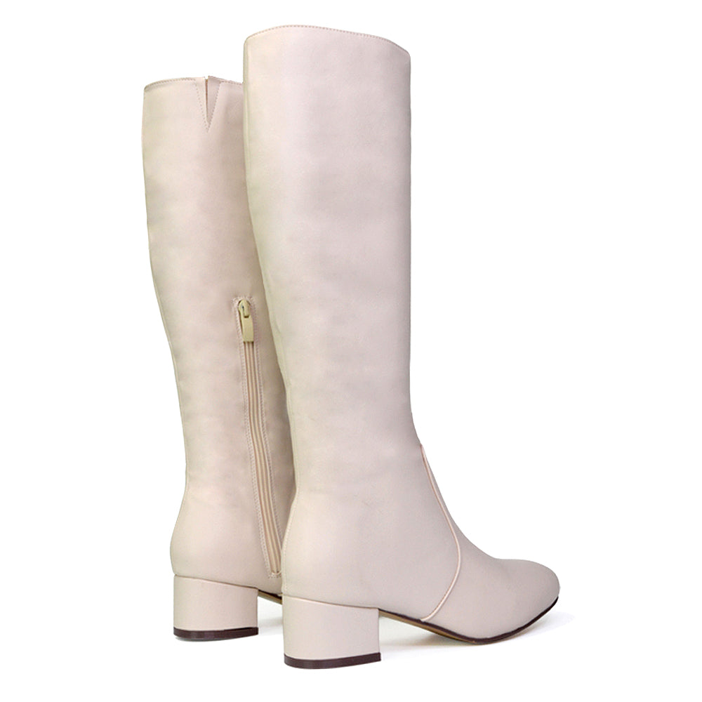 Valeria Long Western Zip Up Knee High Boots With Mid Block High Heel In Chalk