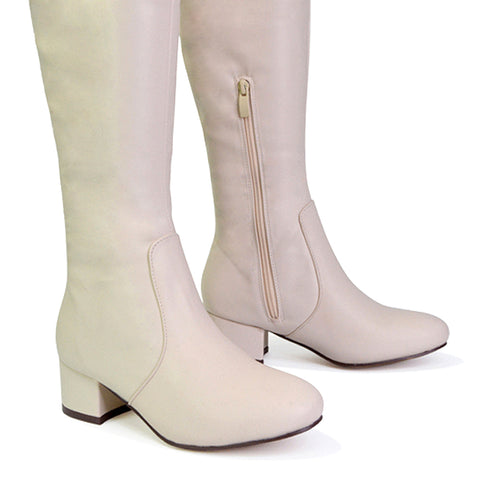 Valeria Long Western Zip Up Knee High Boots With Mid Block High Heel In Tan