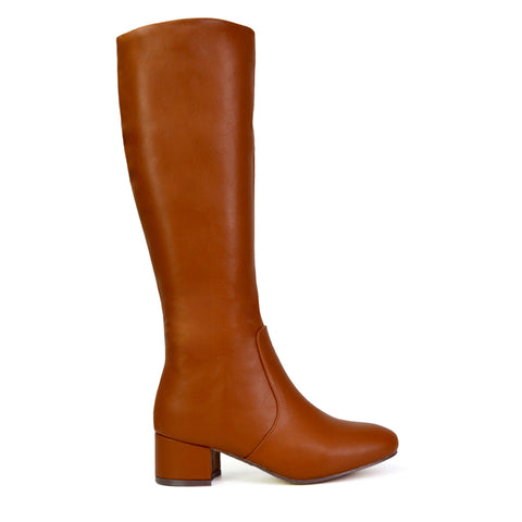 Valeria Long Western Zip Up Knee High Boots With Mid Block High Heel In Tan