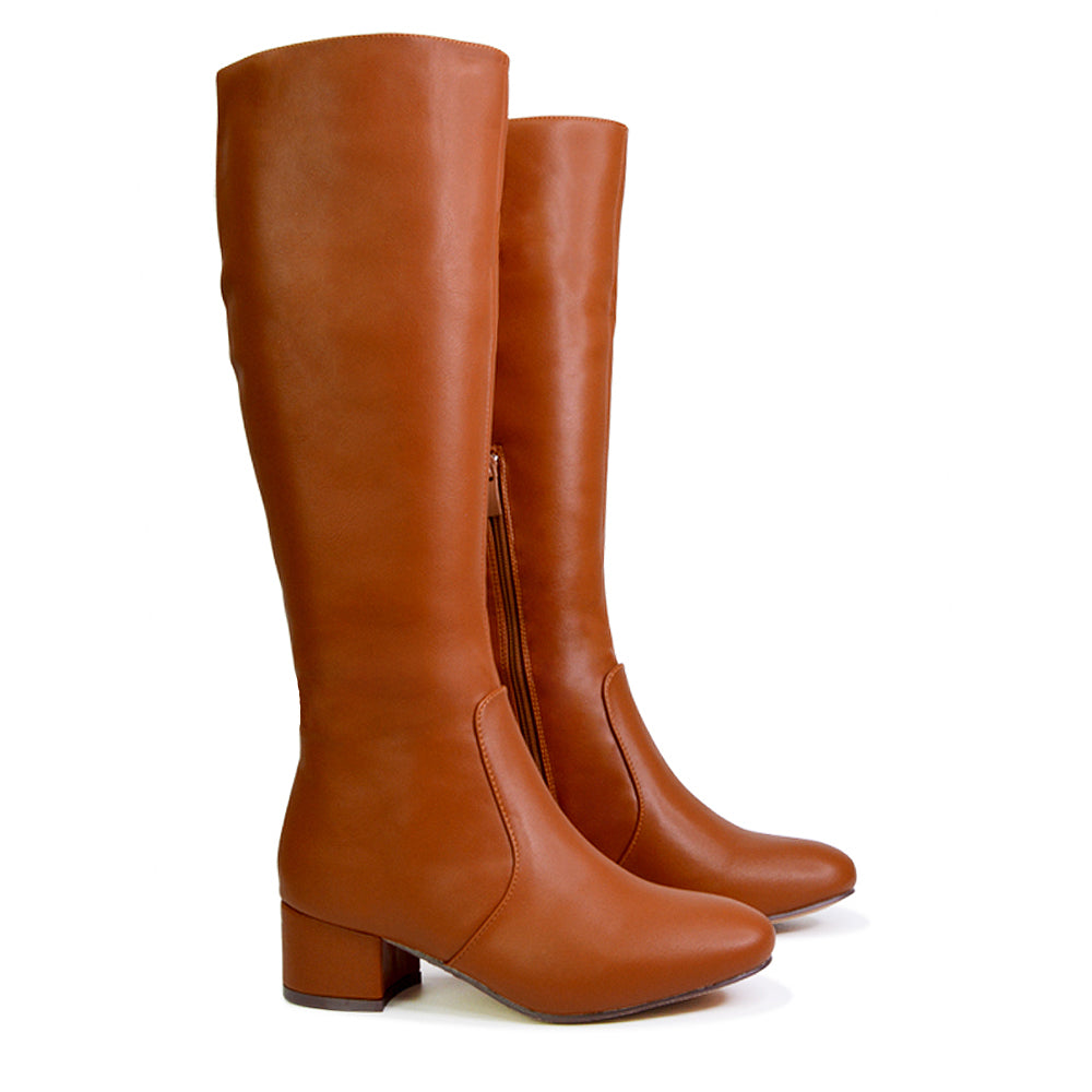 Valeria Long Western Zip Up Knee High Boots With Mid Block High Heel In Tan