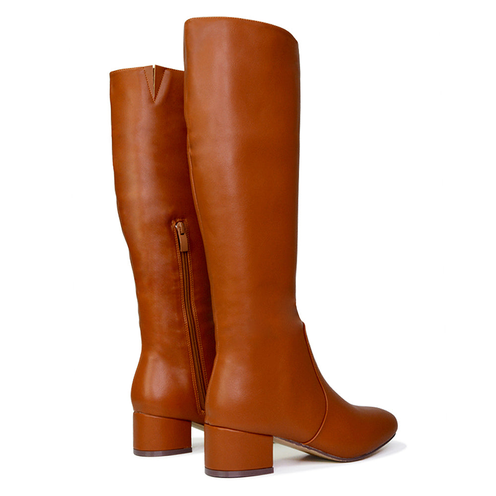 Valeria Long Western Zip Up Knee High Boots With Mid Block High Heel In Tan