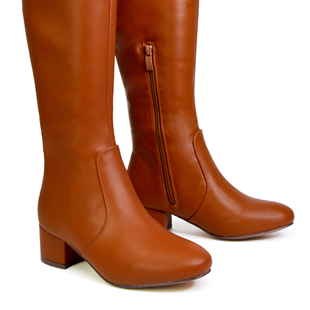 Valeria Long Western Zip Up Knee High Boots With Mid Block High Heel In Tan
