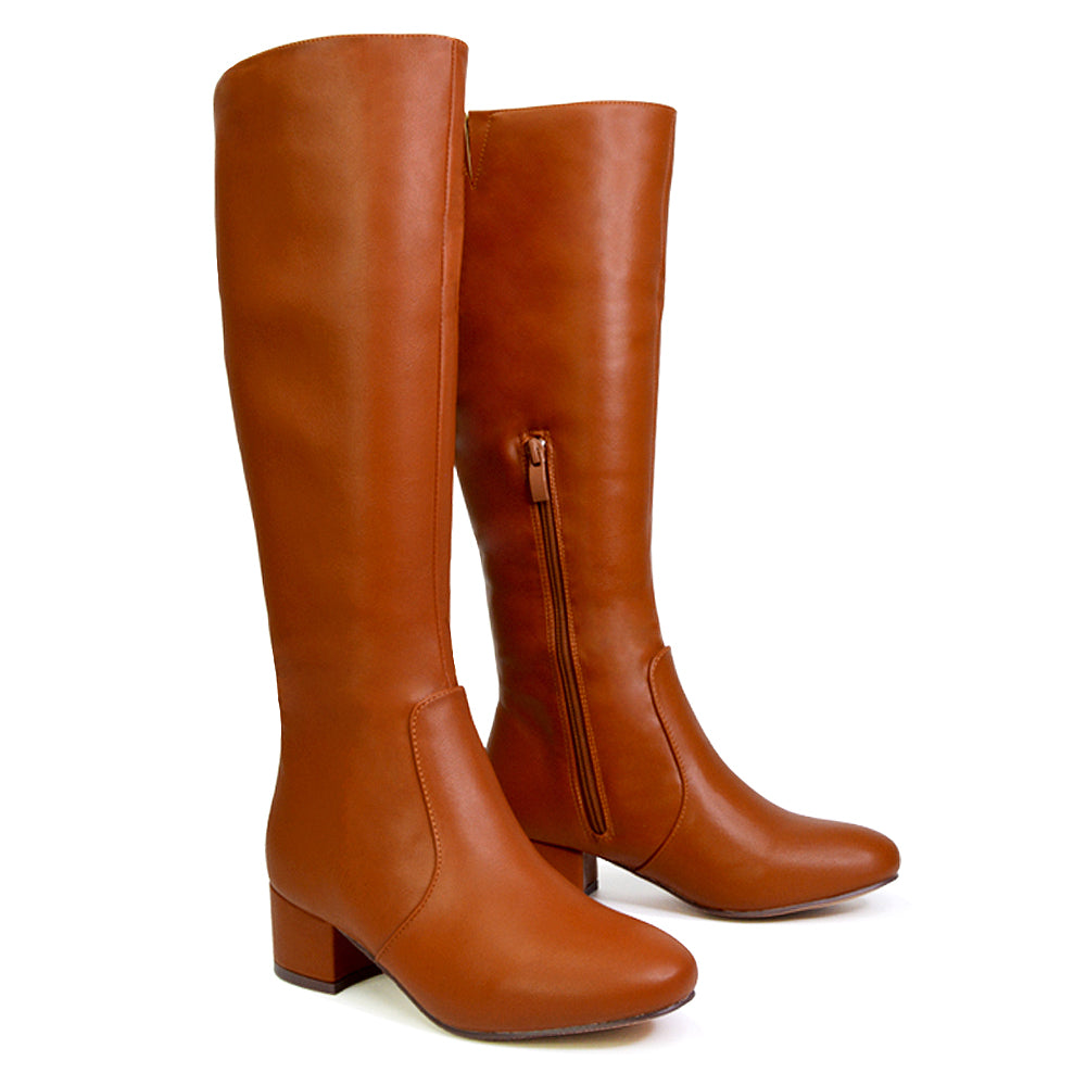 Valeria Long Western Zip Up Knee High Boots With Mid Block High Heel In Tan