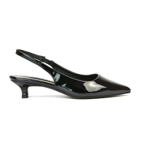 Jenny Pointed Toe Slingback Strappy Kitten Court Heels in Black Patent