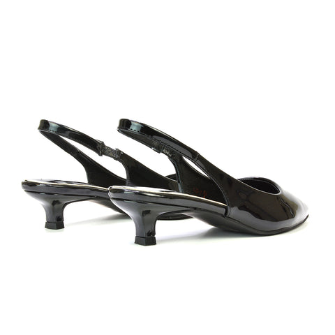 Jenny Pointed Toe Slingback Strappy Kitten Court Heels in Black Patent