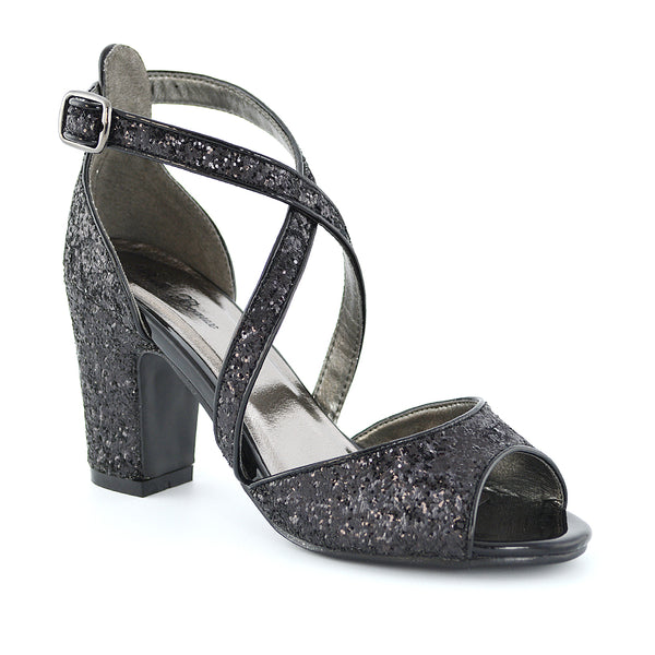 Black glitter open toe heels hotsell