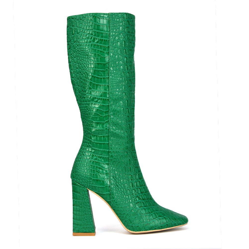 Mina Croc Print Pointed Toe Knee High Mid-Calf Block Heeled Long Boots in Green