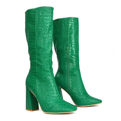 Mina Croc Print Pointed Toe Knee High Mid-Calf Block Heeled Long Boots in Green