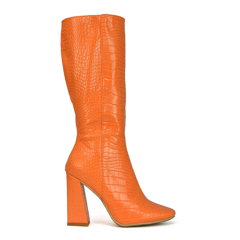 Mina Croc Print Pointed Toe Knee High Mid-Calf Block Heeled Long Boots in Orange