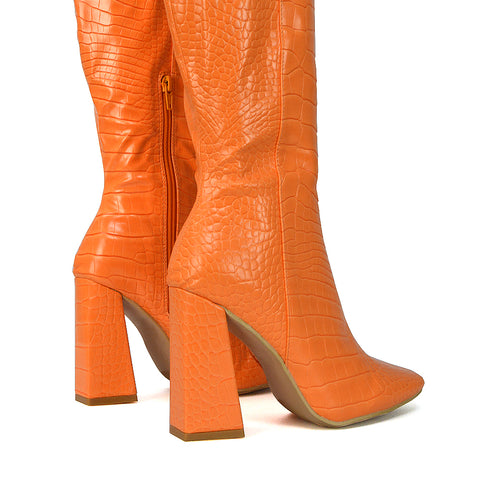 Mina Croc Print Pointed Toe Knee High Mid-Calf Block Heeled Long Boots in Orange