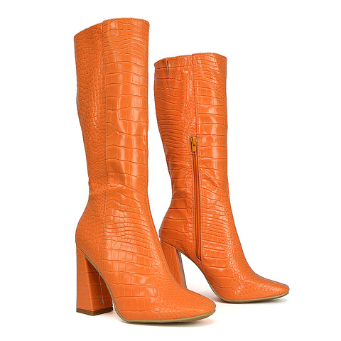 Mina Croc Print Pointed Toe Knee High Mid-Calf Block Heeled Long Boots in Orange
