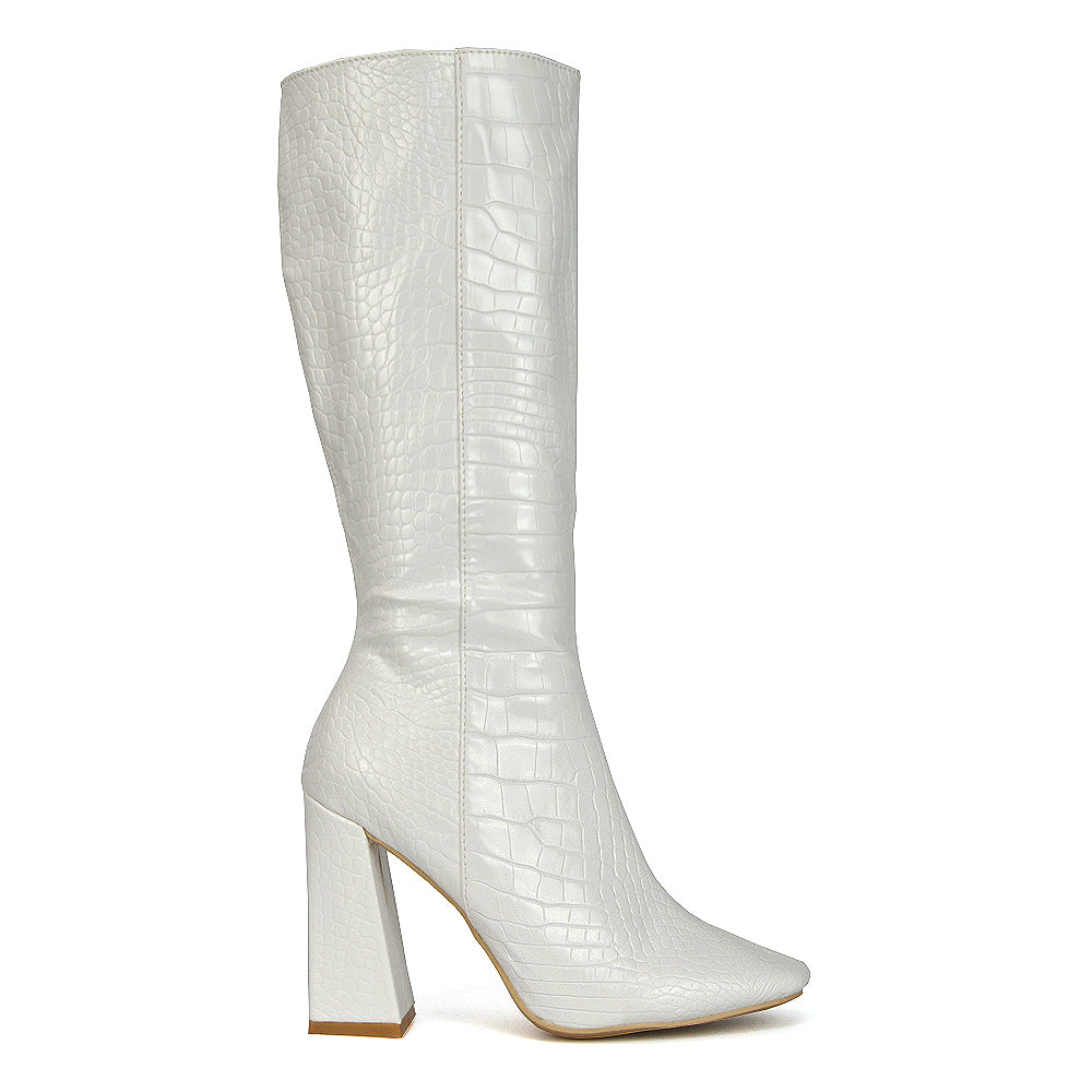 Mina Croc Print Pointed Toe Knee High Mid-Calf Block Heeled Long Boots in White