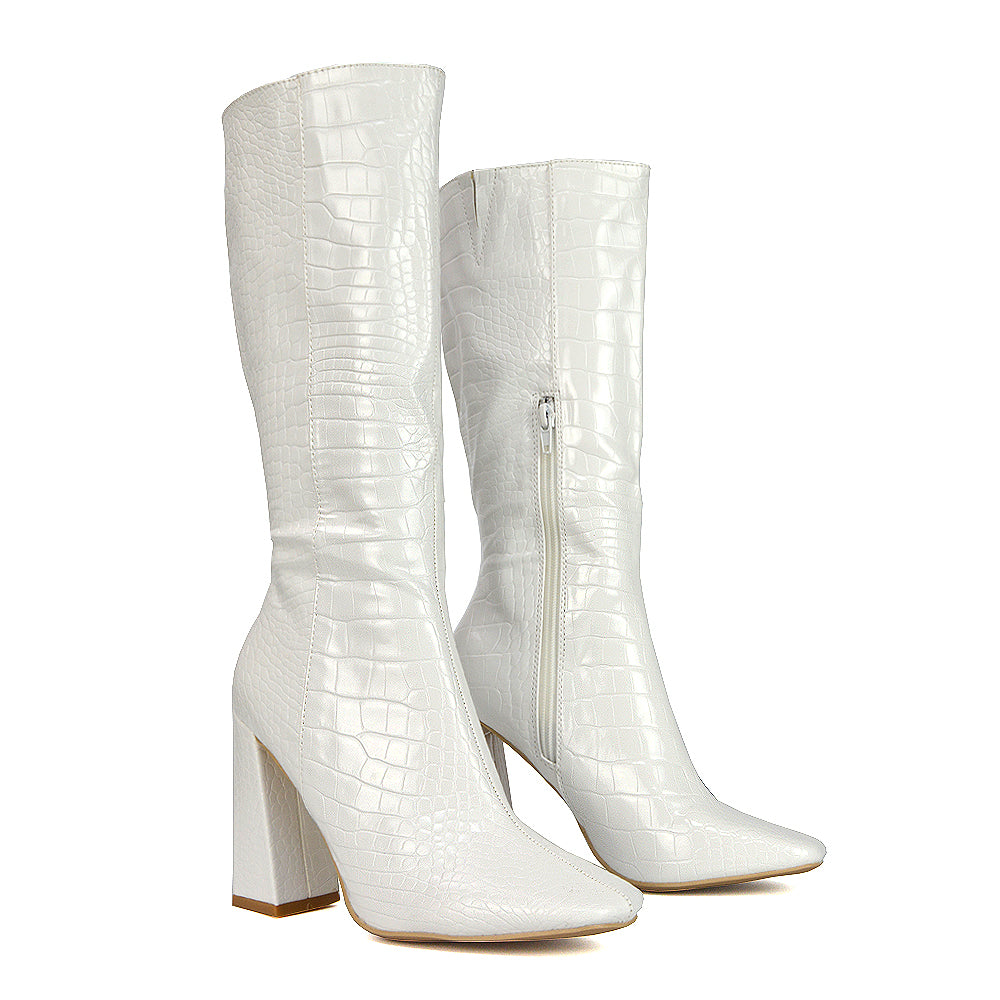 Mina Croc Print Pointed Toe Knee High Mid-Calf Block Heeled Long Boots in White