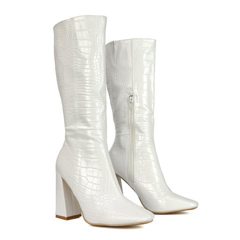 white boots, white heeled boots, white calf boots