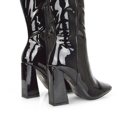 Millicent Square Toe below the Knee Long Block High Heel Boots in Brown Synthetic Leather