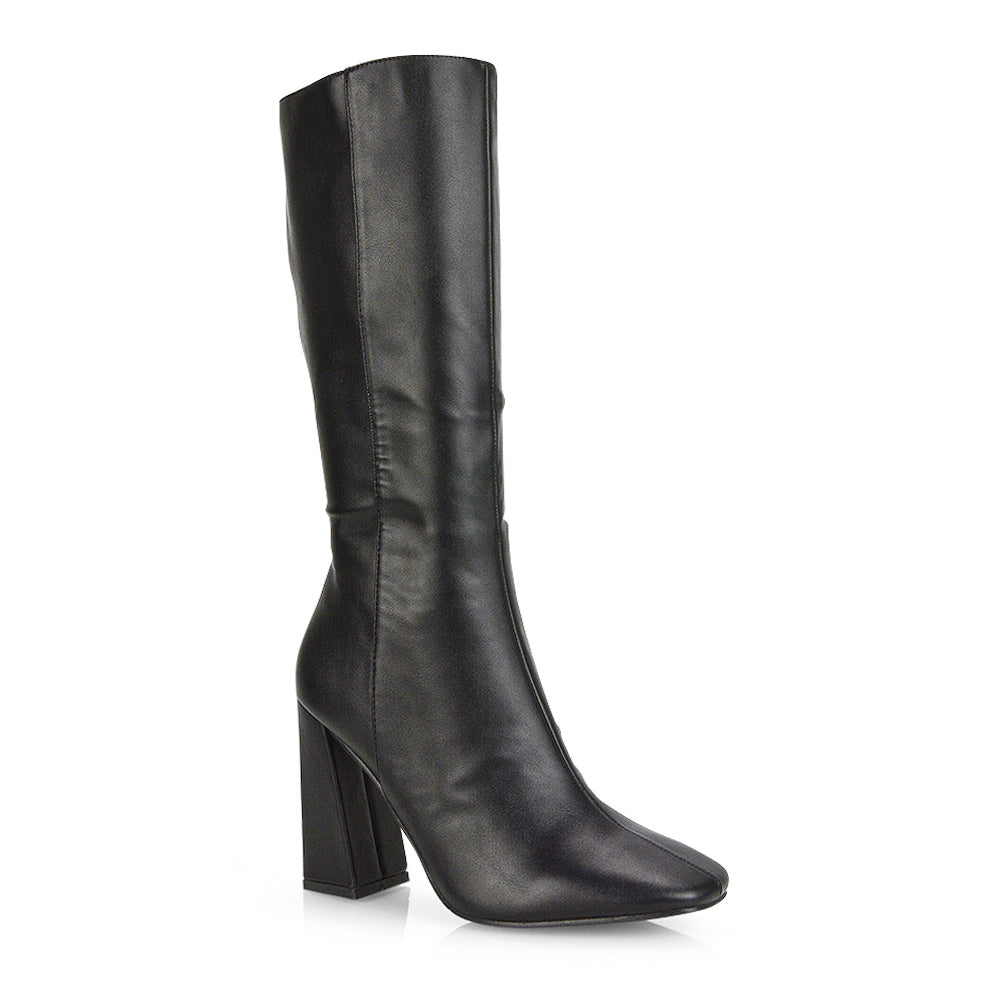 Millicent Square Toe below the Knee Long Block High Heel Boots in Brown Synthetic Leather