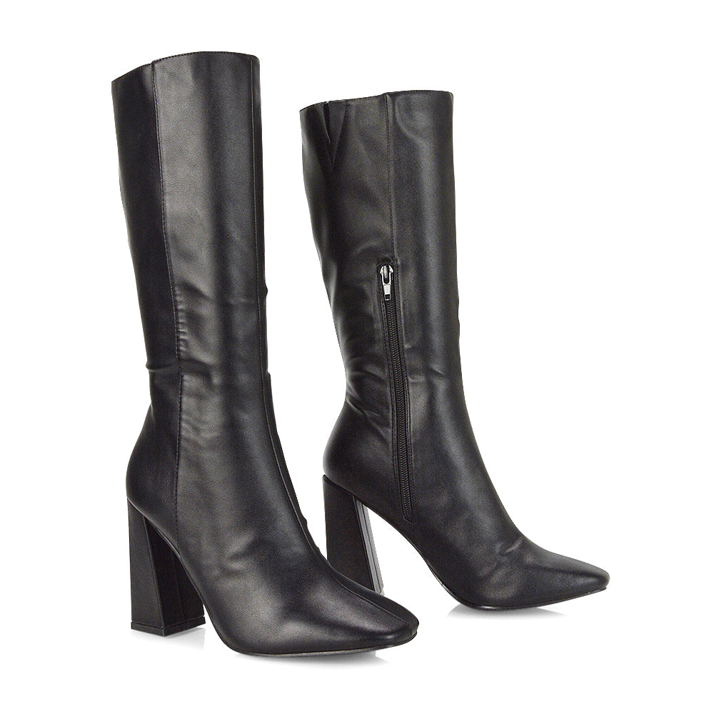 Millicent Square Toe below the Knee Long Block High Heel Boots in Brown Synthetic Leather