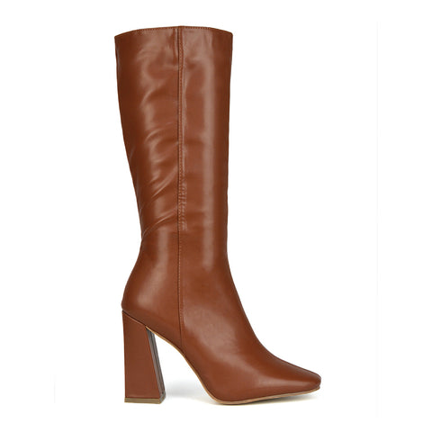 Millicent Square Toe below the Knee Long Block High Heel Boots in Brown Synthetic Leather