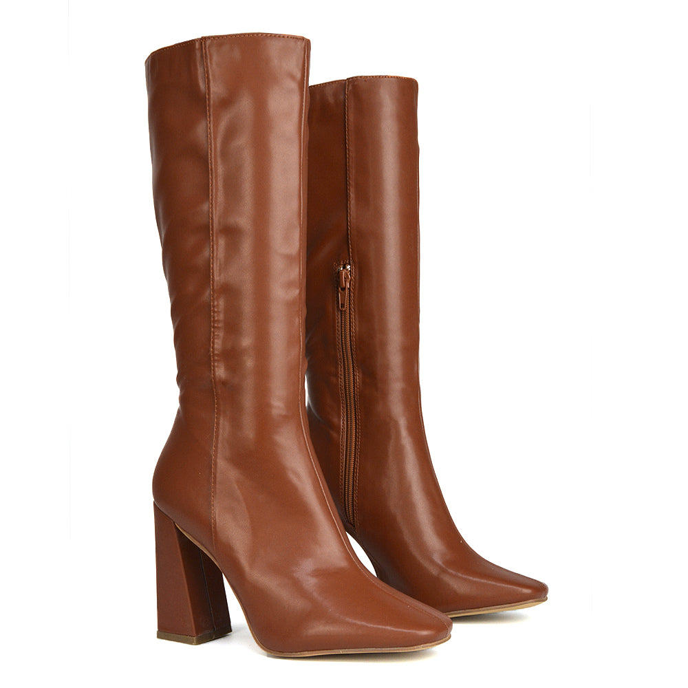 Millicent Square Toe below the Knee Long Block High Heel Boots in Brown Synthetic Leather