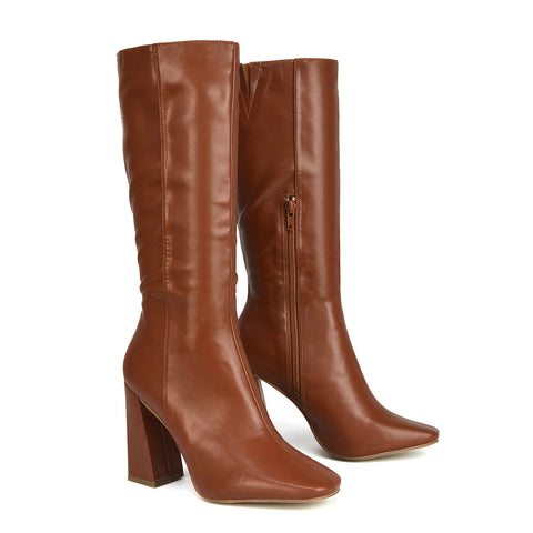 Millicent Square Toe below the Knee Long Block High Heel Boots in Brown Synthetic Leather