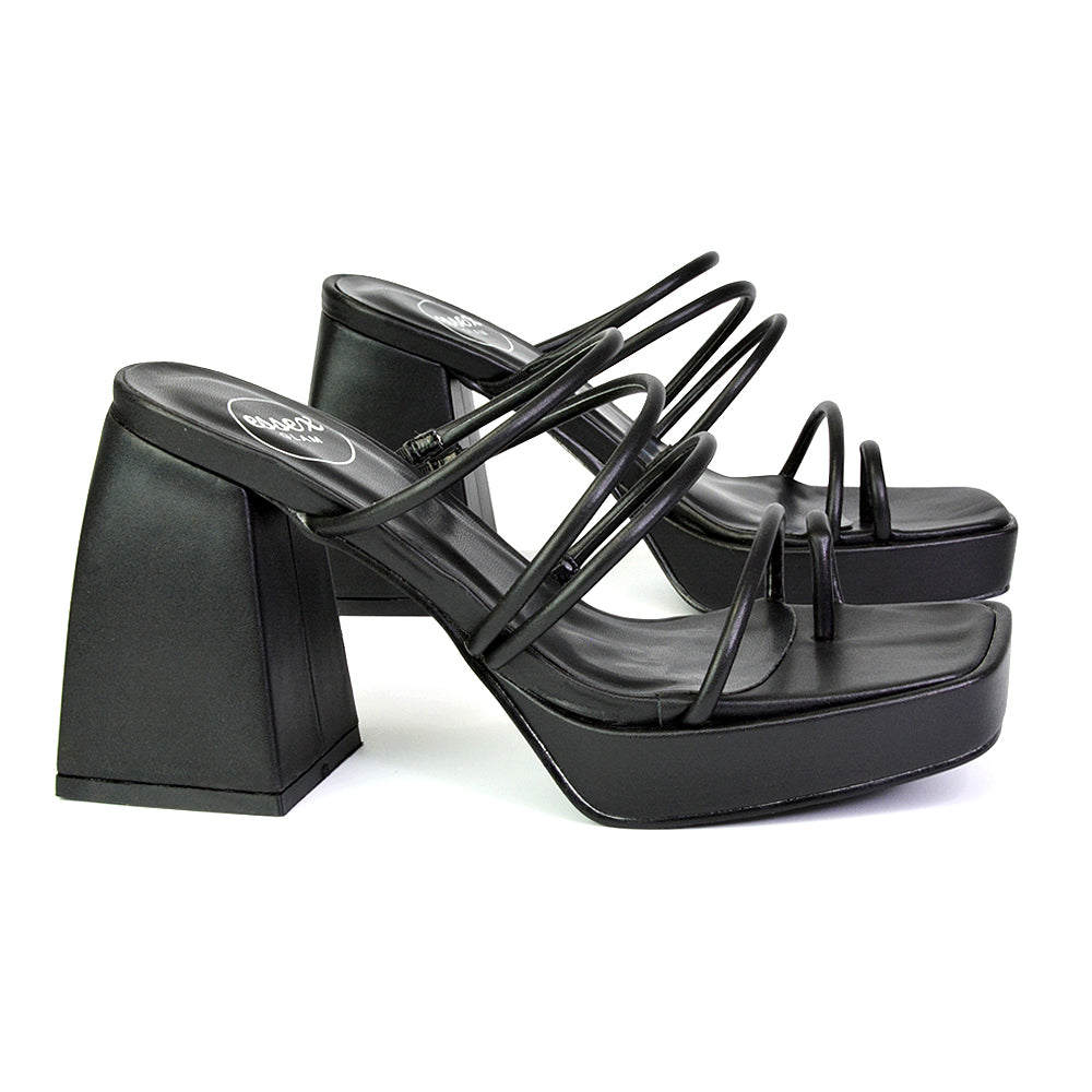 Colt Platform Strappy Square Toe Block High Heeled Mules Sandals in Black PU