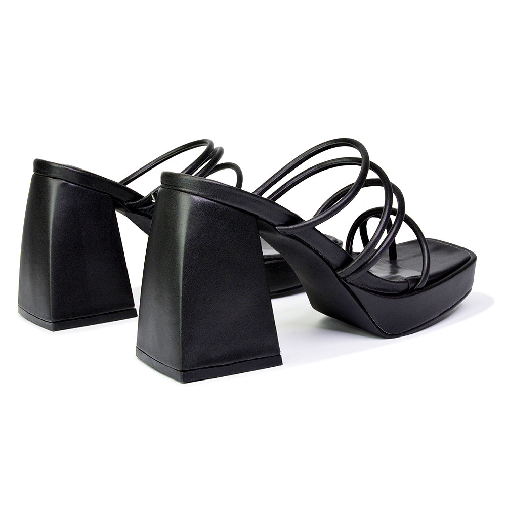 Colt Platform Strappy Square Toe Block High Heeled Mules Sandals in Black PU