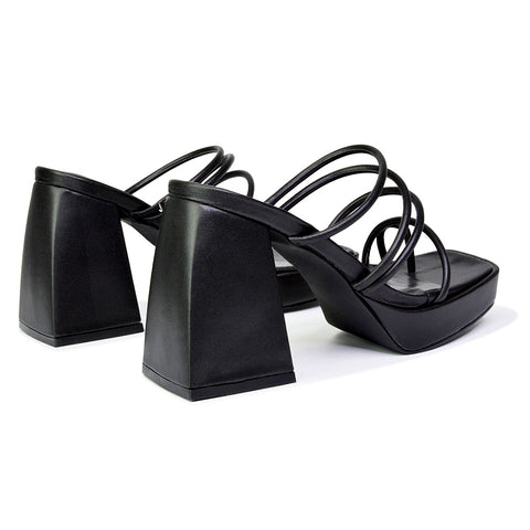 Colt Platform Strappy Square Toe Block High Heeled Mules Sandals in Black PU