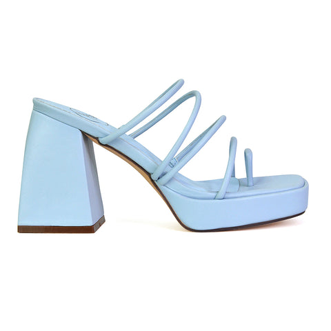 Colt Platform Strappy Square Toe Block High Heeled Mules Sandals in Blue