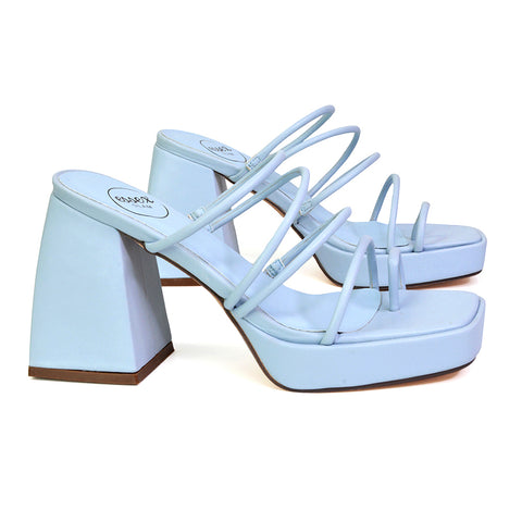 Colt Platform Strappy Square Toe Block High Heeled Mules Sandals in Blue