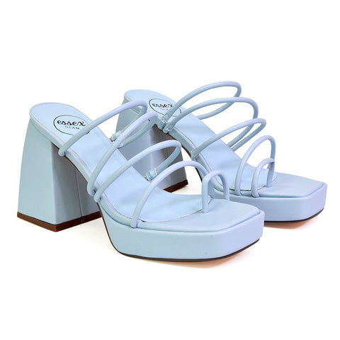 Colt Platform Strappy Square Toe Block High Heeled Mules Sandals in White