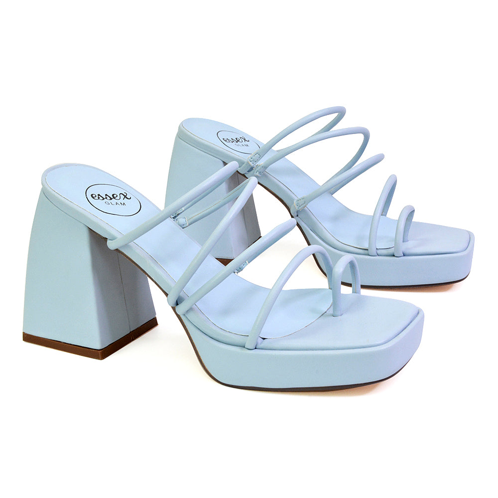 Colt Platform Strappy Square Toe Block High Heeled Mules Sandals in Blue